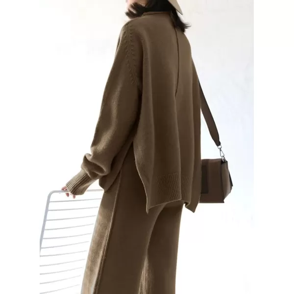 imagechouyatou Womens 2 Piece Outfits Knit Sweatsuit Mock Neck Sweater Top Wide Leg Pants SetCoffee