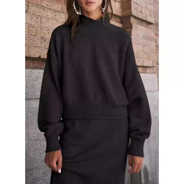 imagechouyatou Womens Casual 2 Piece Knit Sets Mock Neck Sweater Maxi Bodycon Skirt Two Piece Fall OutfitsBlack