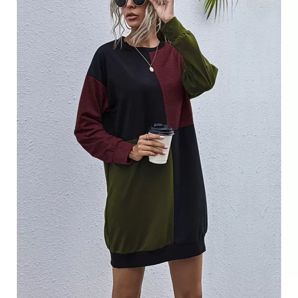 imagechouyatou Womens Casual Crewneck Color Block Long Sleeve Pullover Sweatshirt Mini DressArmy Green