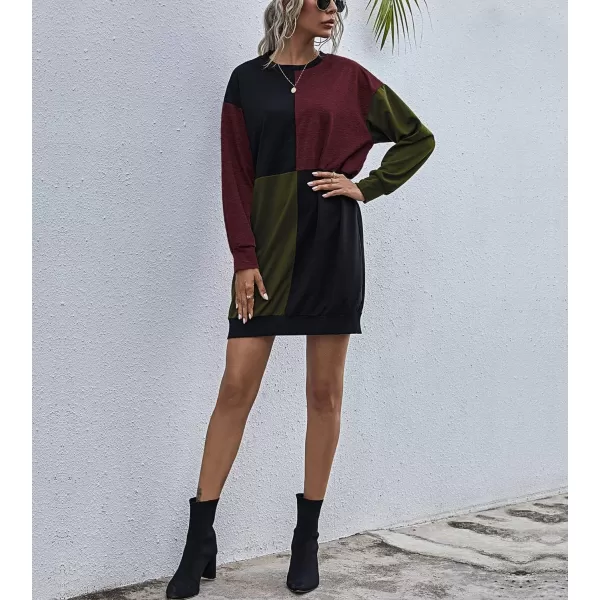 imagechouyatou Womens Casual Crewneck Color Block Long Sleeve Pullover Sweatshirt Mini DressArmy Green