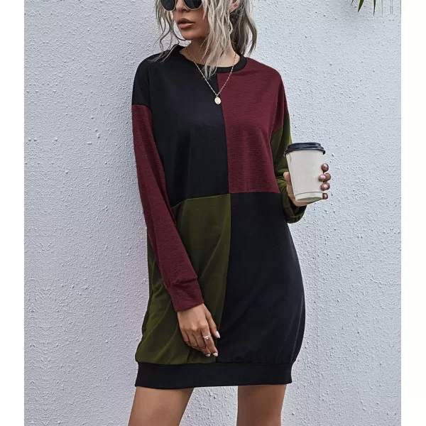 imagechouyatou Womens Casual Crewneck Color Block Long Sleeve Pullover Sweatshirt Mini DressArmy Green