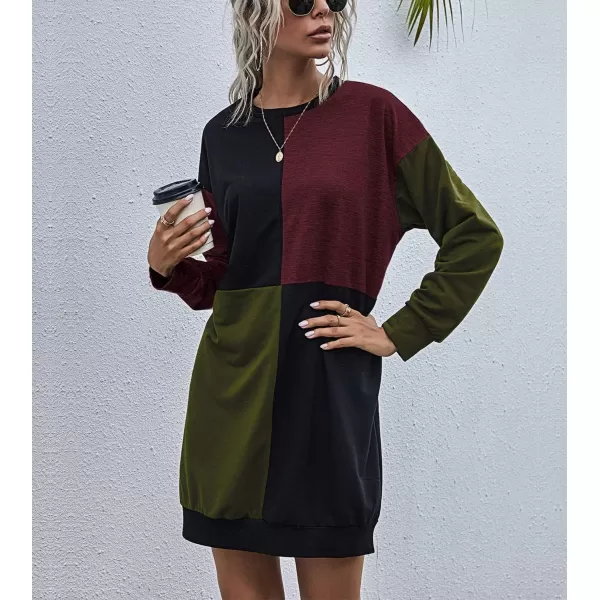 imagechouyatou Womens Casual Crewneck Color Block Long Sleeve Pullover Sweatshirt Mini DressArmy Green