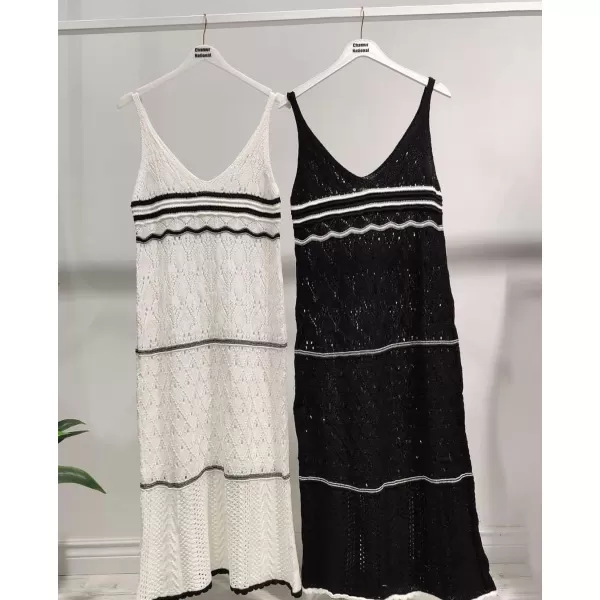 imagechouyatou Womens Color Block Striped Crochet Maxi Dress Sexy Hollow Out Beach Cover Ups Long Tank DressBeige White