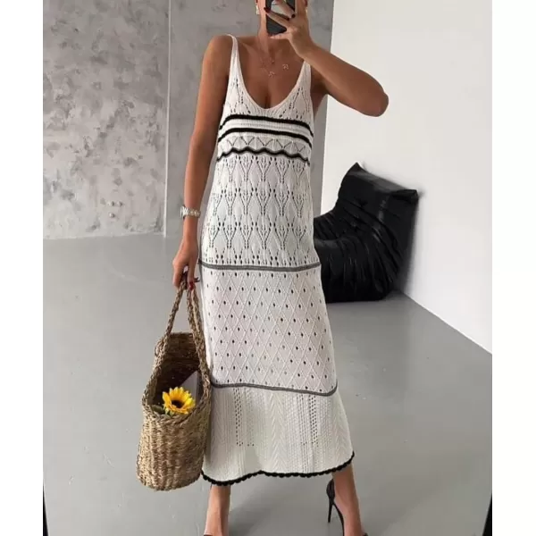 imagechouyatou Womens Color Block Striped Crochet Maxi Dress Sexy Hollow Out Beach Cover Ups Long Tank DressBeige White