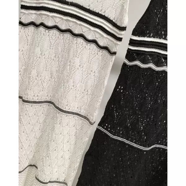imagechouyatou Womens Color Block Striped Crochet Maxi Dress Sexy Hollow Out Beach Cover Ups Long Tank DressBeige White