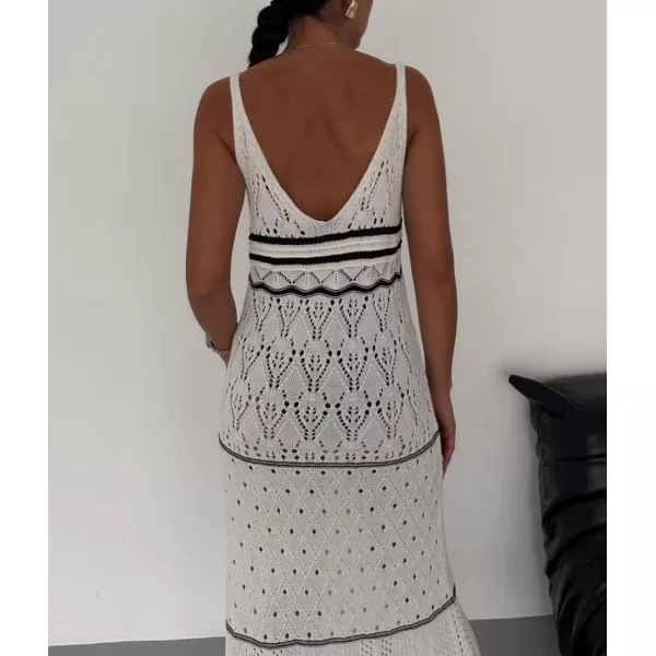 imagechouyatou Womens Color Block Striped Crochet Maxi Dress Sexy Hollow Out Beach Cover Ups Long Tank DressBeige White