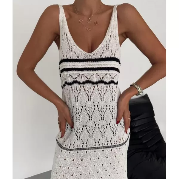 imagechouyatou Womens Color Block Striped Crochet Maxi Dress Sexy Hollow Out Beach Cover Ups Long Tank DressBeige White