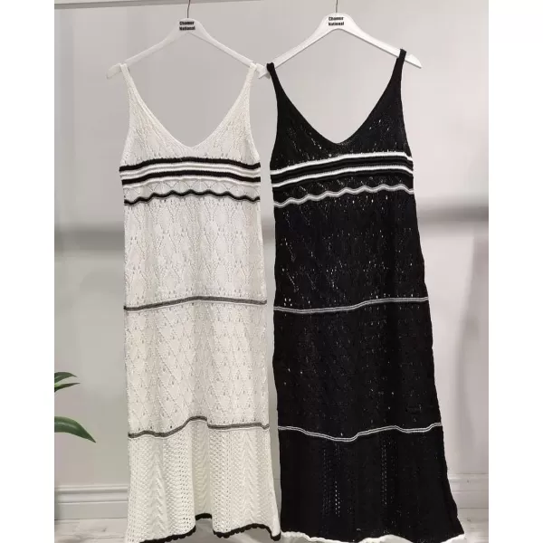 imagechouyatou Womens Color Block Striped Crochet Maxi Dress Sexy Hollow Out Beach Cover Ups Long Tank DressBlack