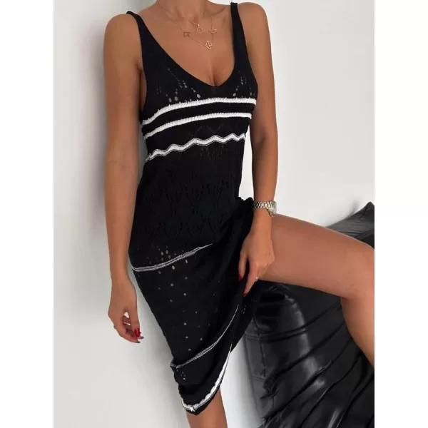 imagechouyatou Womens Color Block Striped Crochet Maxi Dress Sexy Hollow Out Beach Cover Ups Long Tank DressBlack