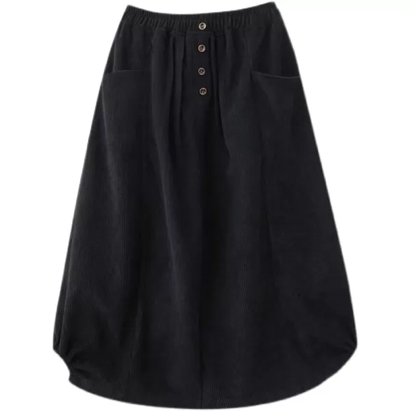 imagechouyatou Womens Elastic Waist Vintage Corduroy Skirt Button ALine Swing Midi Long Skirt with PocketsBlack