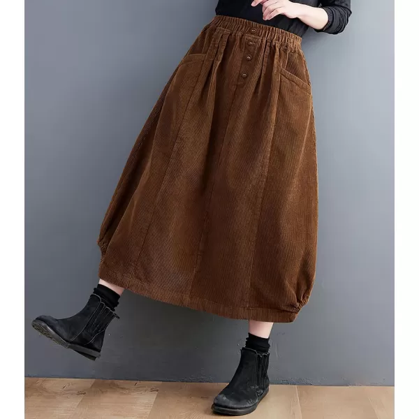 imagechouyatou Womens Elastic Waist Vintage Corduroy Skirt Button ALine Swing Midi Long Skirt with PocketsBrown