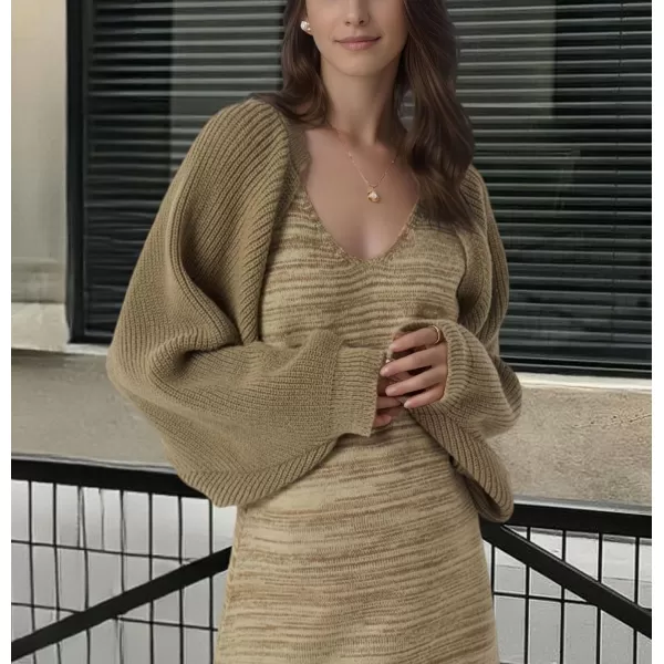 imagechouyatou Womens Fall 2 Piece Outfits Cardigan Sweater Sets Crop Bolero Shrug Midi Sleeveless Sweater DressKhaki