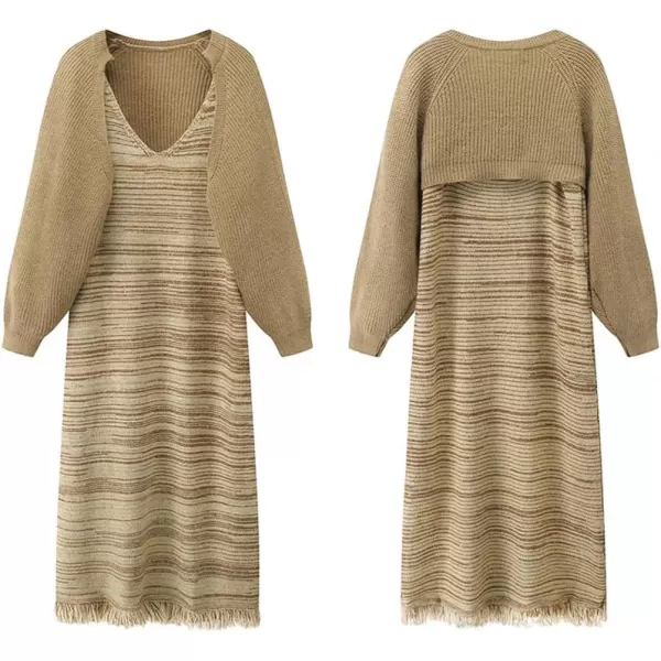 imagechouyatou Womens Fall 2 Piece Outfits Cardigan Sweater Sets Crop Bolero Shrug Midi Sleeveless Sweater DressKhaki