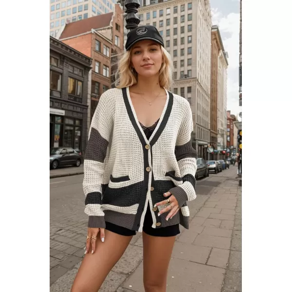 imagechouyatou Womens Fall Color Block Oversized Cardigan Sweater VNeck Button Down Knit Cardigan JacketBeige