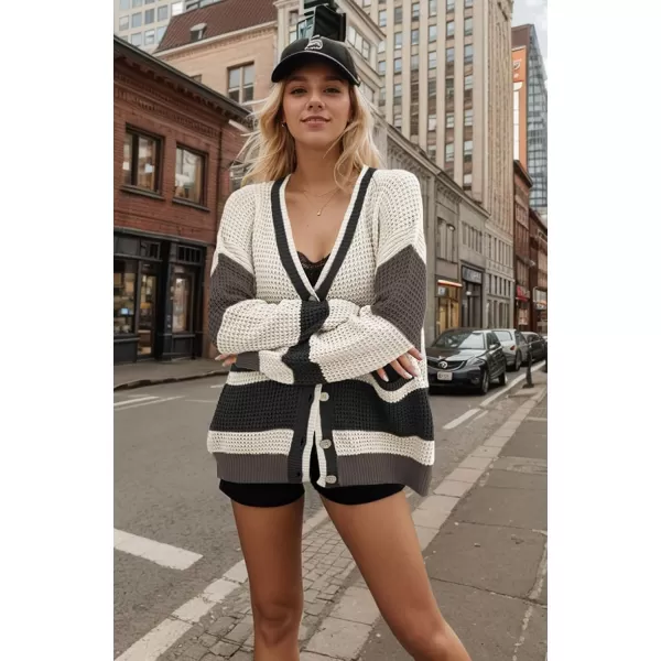 imagechouyatou Womens Fall Color Block Oversized Cardigan Sweater VNeck Button Down Knit Cardigan JacketBeige