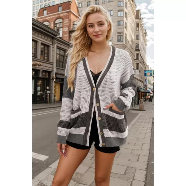 imagechouyatou Womens Fall Color Block Oversized Cardigan Sweater VNeck Button Down Knit Cardigan JacketGrey