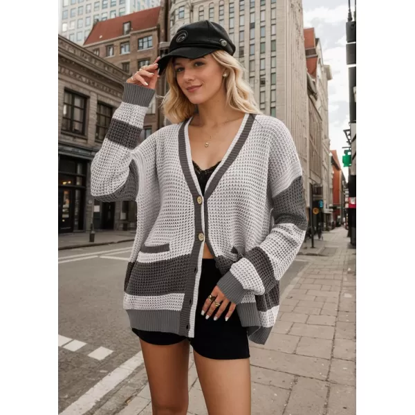 imagechouyatou Womens Fall Color Block Oversized Cardigan Sweater VNeck Button Down Knit Cardigan JacketGrey