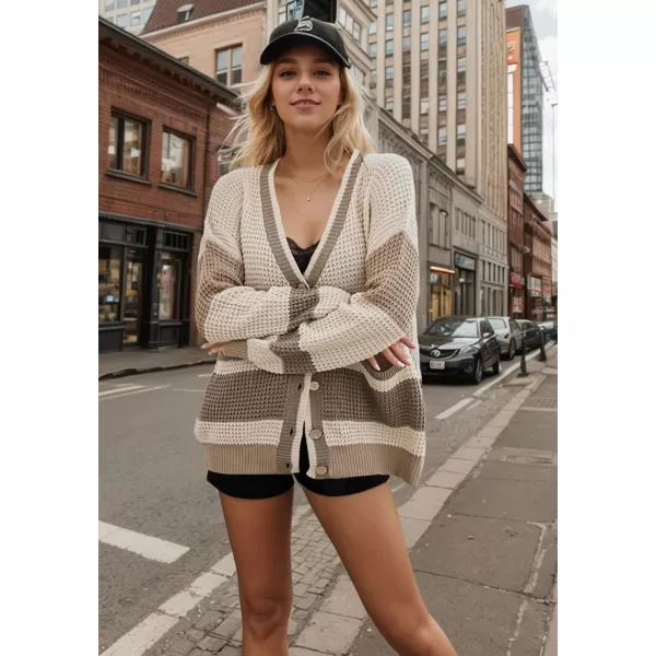 imagechouyatou Womens Fall Color Block Oversized Cardigan Sweater VNeck Button Down Knit Cardigan JacketKhaki
