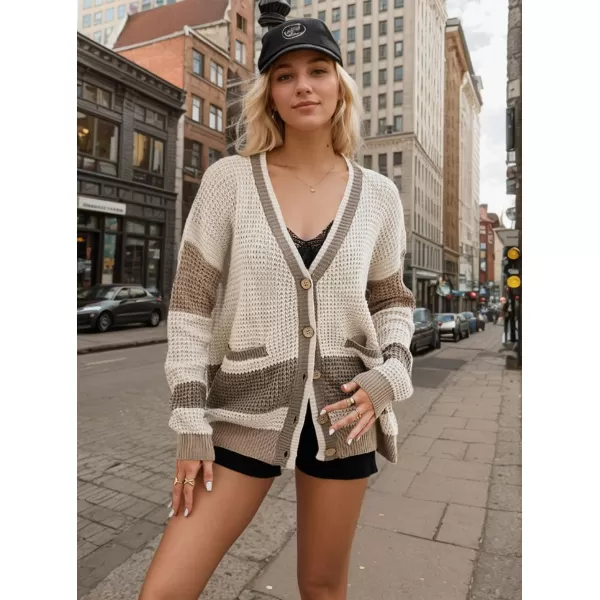 imagechouyatou Womens Fall Color Block Oversized Cardigan Sweater VNeck Button Down Knit Cardigan JacketKhaki