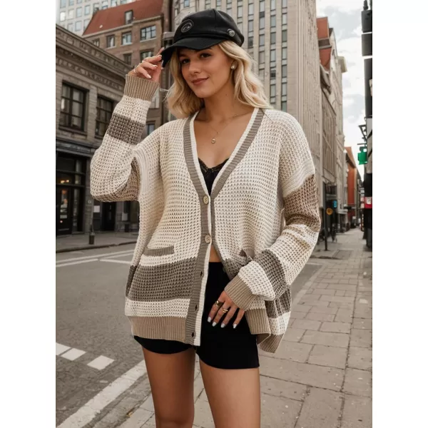 imagechouyatou Womens Fall Color Block Oversized Cardigan Sweater VNeck Button Down Knit Cardigan JacketKhaki