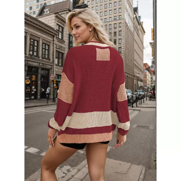 imagechouyatou Womens Fall Color Block Oversized Cardigan Sweater VNeck Button Down Knit Cardigan JacketRed