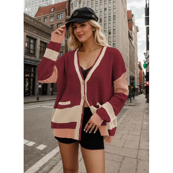 imagechouyatou Womens Fall Color Block Oversized Cardigan Sweater VNeck Button Down Knit Cardigan JacketRed