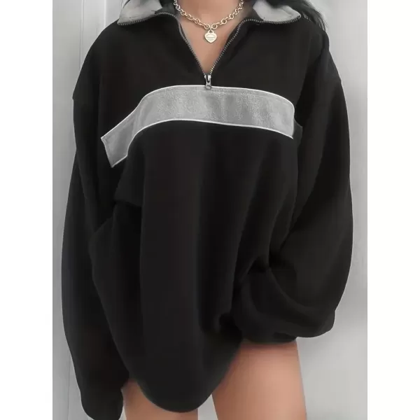 imagechouyatou Womens Fall Half Zip Oversized Sweatshirt Fleece Contrast Color Casual Boyfriend Y2K HoodieBlack