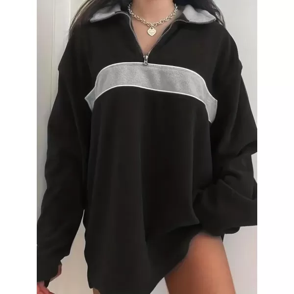 imagechouyatou Womens Fall Half Zip Oversized Sweatshirt Fleece Contrast Color Casual Boyfriend Y2K HoodieBlack