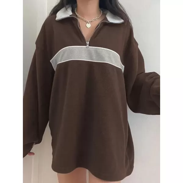 imagechouyatou Womens Fall Half Zip Oversized Sweatshirt Fleece Contrast Color Casual Boyfriend Y2K HoodieBrown