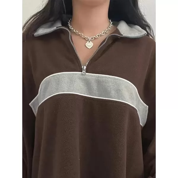 imagechouyatou Womens Fall Half Zip Oversized Sweatshirt Fleece Contrast Color Casual Boyfriend Y2K HoodieBrown
