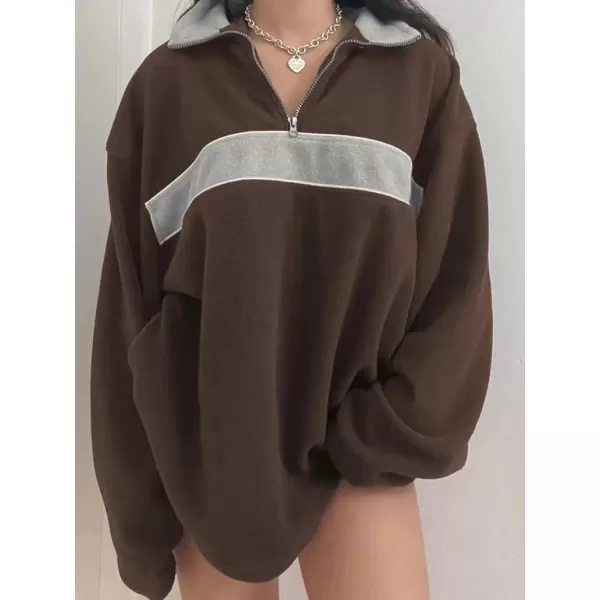imagechouyatou Womens Fall Half Zip Oversized Sweatshirt Fleece Contrast Color Casual Boyfriend Y2K HoodieBrown