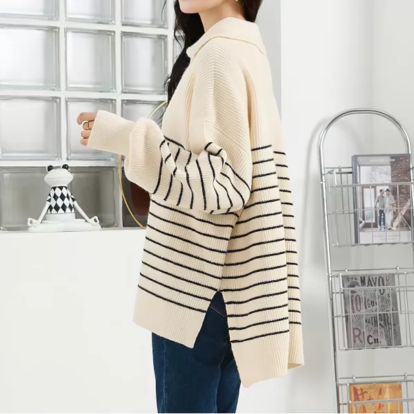 imagechouyatou Womens Fall V Neck Lapel Collar Striped Knit Loose Casual Pullover Sweater Jumper TopBeige