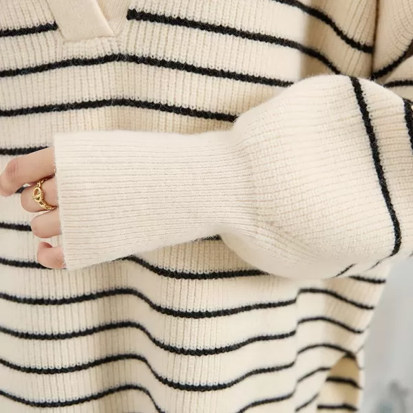 imagechouyatou Womens Fall V Neck Lapel Collar Striped Knit Loose Casual Pullover Sweater Jumper TopBeige