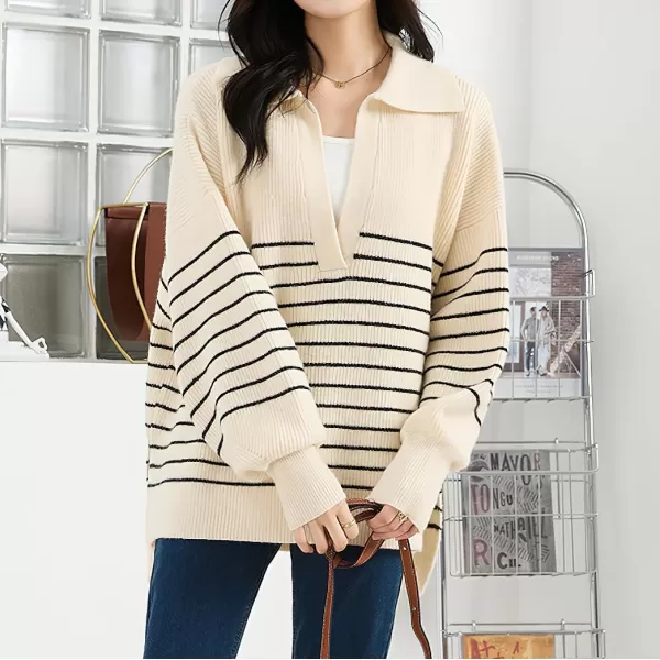imagechouyatou Womens Fall V Neck Lapel Collar Striped Knit Loose Casual Pullover Sweater Jumper TopBeige