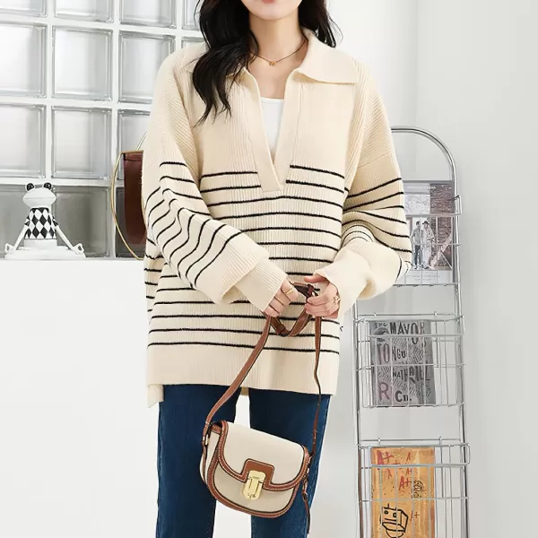 imagechouyatou Womens Fall V Neck Lapel Collar Striped Knit Loose Casual Pullover Sweater Jumper TopBeige