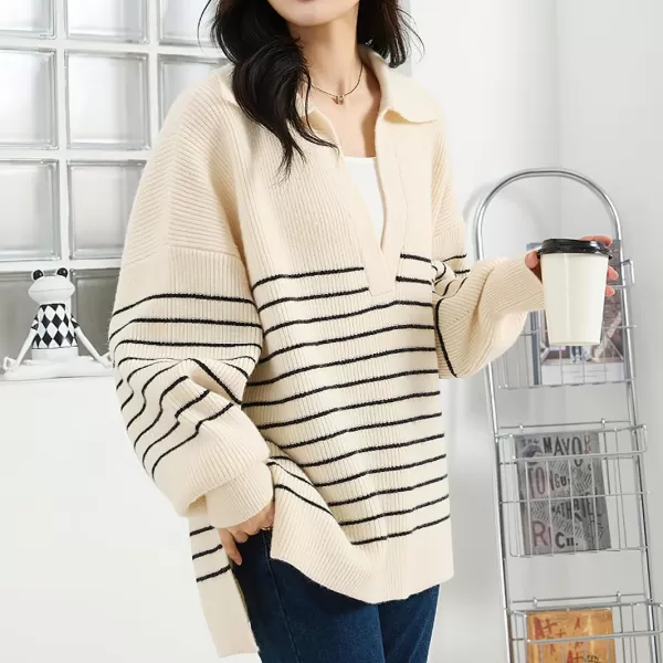 imagechouyatou Womens Fall V Neck Lapel Collar Striped Knit Loose Casual Pullover Sweater Jumper TopBeige
