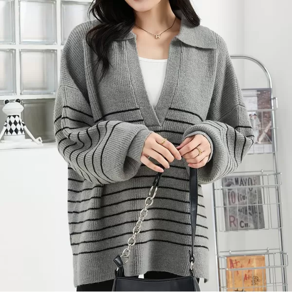 imagechouyatou Womens Fall V Neck Lapel Collar Striped Knit Loose Casual Pullover Sweater Jumper TopGrey