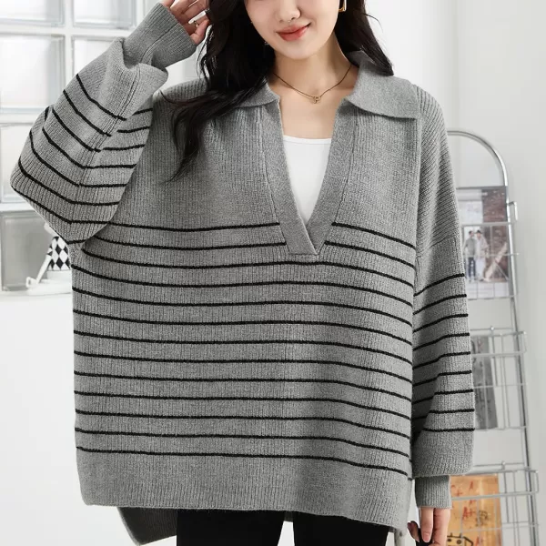 imagechouyatou Womens Fall V Neck Lapel Collar Striped Knit Loose Casual Pullover Sweater Jumper TopGrey