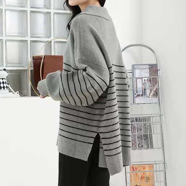 imagechouyatou Womens Fall V Neck Lapel Collar Striped Knit Loose Casual Pullover Sweater Jumper TopGrey