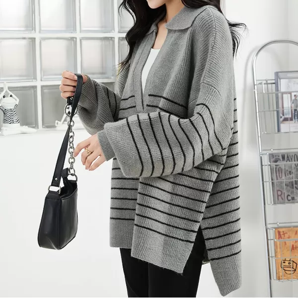 imagechouyatou Womens Fall V Neck Lapel Collar Striped Knit Loose Casual Pullover Sweater Jumper TopGrey