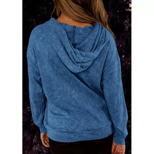 imagechouyatou Womens Fall Waffle Knitted Hoodie Drawstring Hooded Long Sleeve Pullover Sweatshirt TopsBlue