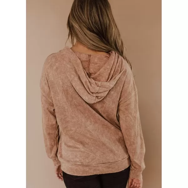 imagechouyatou Womens Fall Waffle Knitted Hoodie Drawstring Hooded Long Sleeve Pullover Sweatshirt TopsCamel