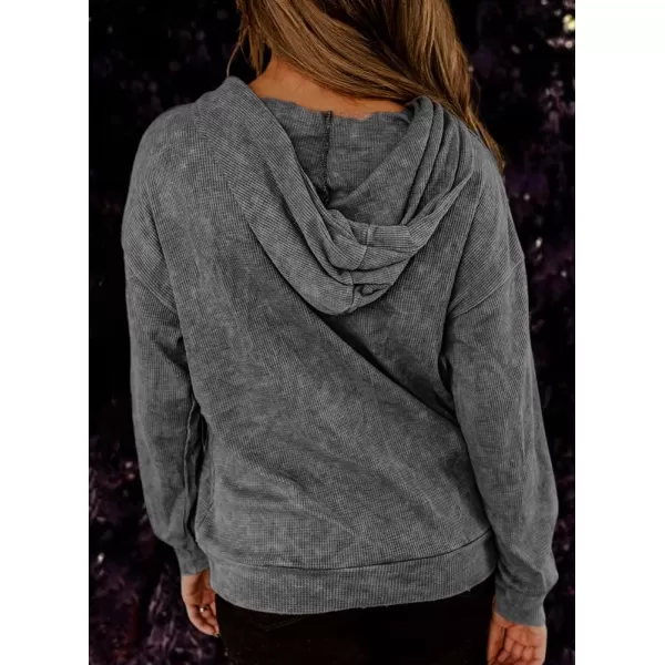 imagechouyatou Womens Fall Waffle Knitted Hoodie Drawstring Hooded Long Sleeve Pullover Sweatshirt TopsDark Grey