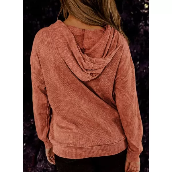 imagechouyatou Womens Fall Waffle Knitted Hoodie Drawstring Hooded Long Sleeve Pullover Sweatshirt TopsOrange