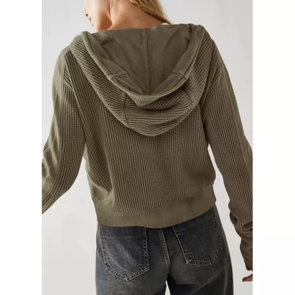 imagechouyatou Womens Oversized Hooded Sweatshirt Y2K Boyfriend Waffle Knit Zip Up Hoodie Jacket ShacketsArmy Green