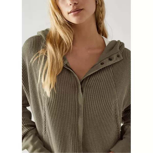 imagechouyatou Womens Oversized Hooded Sweatshirt Y2K Boyfriend Waffle Knit Zip Up Hoodie Jacket ShacketsArmy Green