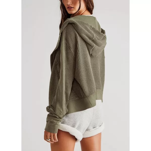 imagechouyatou Womens Oversized Hooded Sweatshirt Y2K Boyfriend Waffle Knit Zip Up Hoodie Jacket ShacketsArmy Green