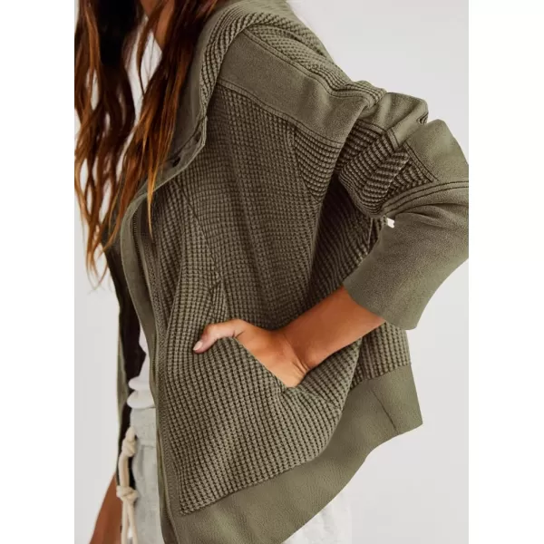 imagechouyatou Womens Oversized Hooded Sweatshirt Y2K Boyfriend Waffle Knit Zip Up Hoodie Jacket ShacketsArmy Green
