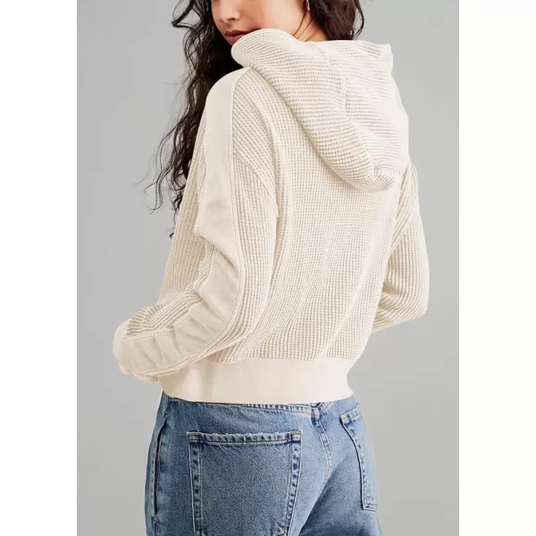 imagechouyatou Womens Oversized Hooded Sweatshirt Y2K Boyfriend Waffle Knit Zip Up Hoodie Jacket ShacketsBeige
