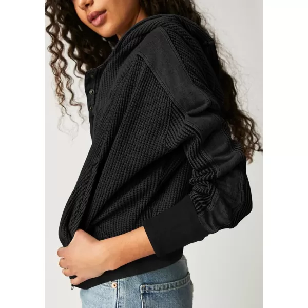 imagechouyatou Womens Oversized Hooded Sweatshirt Y2K Boyfriend Waffle Knit Zip Up Hoodie Jacket ShacketsBlack